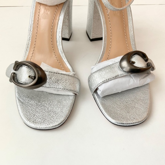 COACH Maya Signature C-Buckle Metallic Silver Leather Sandals Block Heel Pumps 6 - Picture 7 of 12